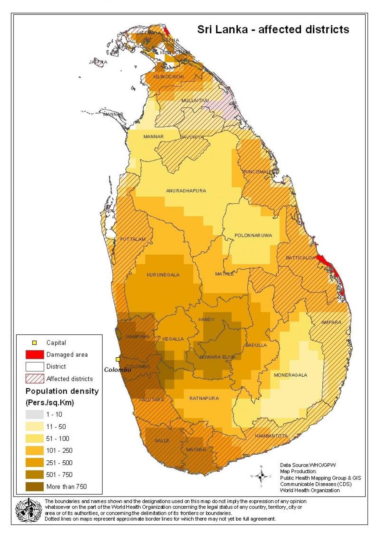 карта на Шри Lankan густината на население